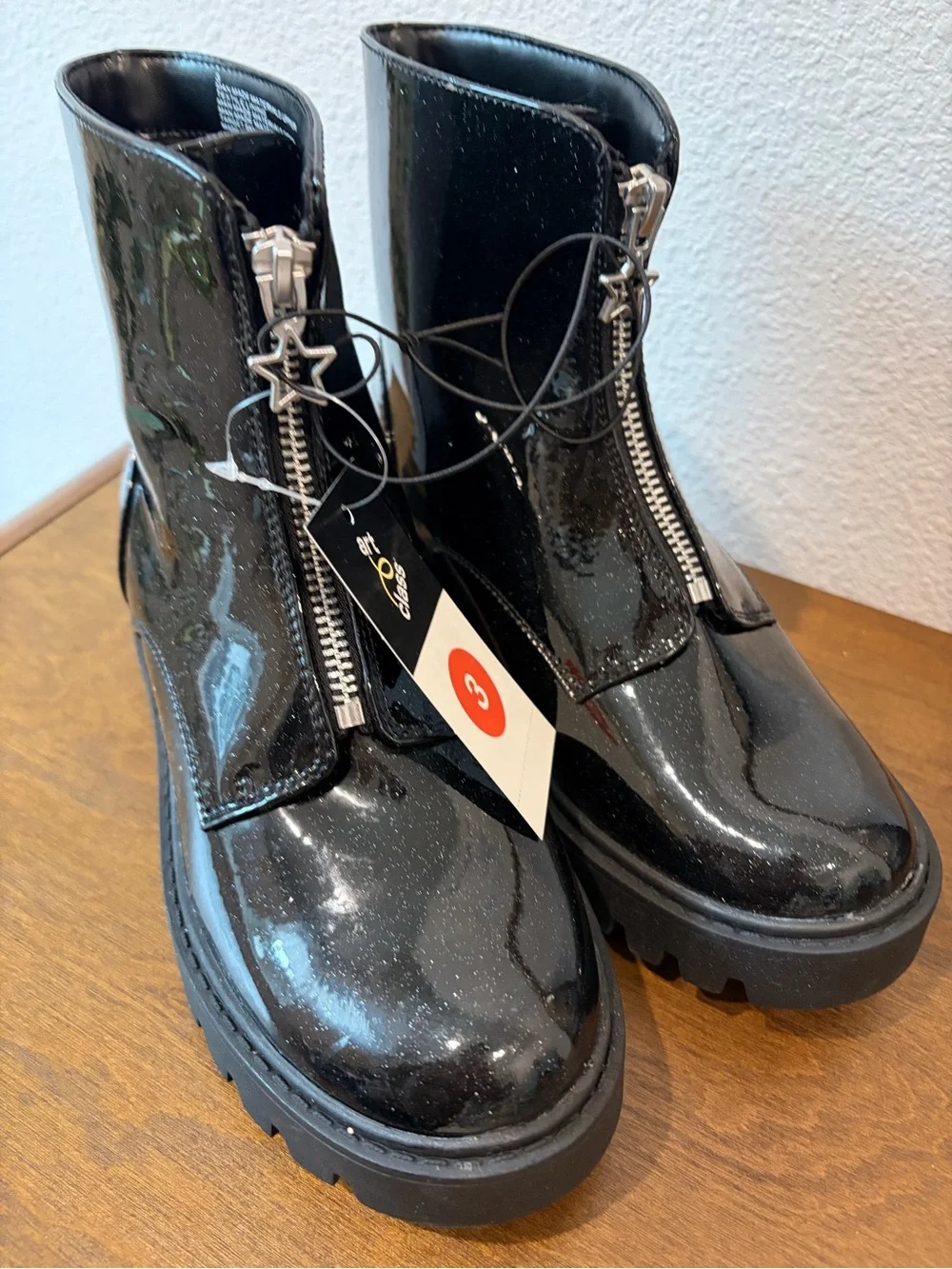 Art Class Myra Black Glitter Combat Boots - Youth 3 - NWT